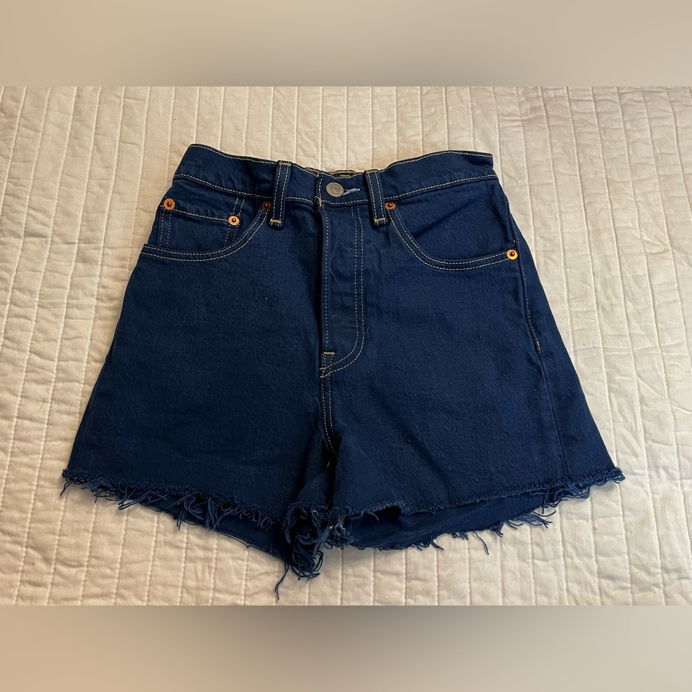 Levis Super High Rise Ribcage Distressed Denim Shorts